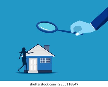Inspect housing. Businessman boss uses a magnifying glass to inspect the house