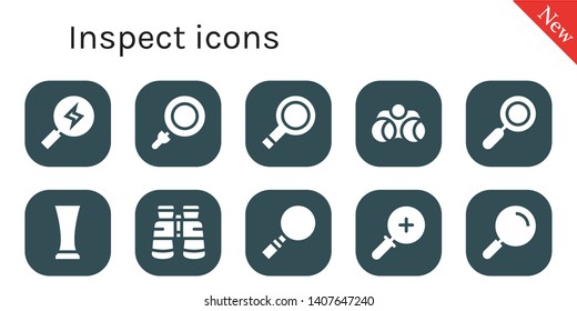 inspect icon set. 10 filled inspect icons.  Collection Of - Search, Loupe, Magnifying glass, Binoculars, Zoom, Glass, Zoom in