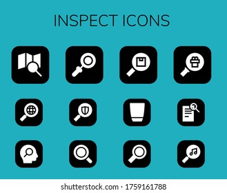 inspect icon set. 12 filled inspect icons. Included Search, Magnifying glass, Glass icons