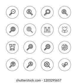 Inspect icon set. collection of 16 outline inspect icons with binocular, binoculars, magnifying glass, macro, search, transparency, zoom in icons.