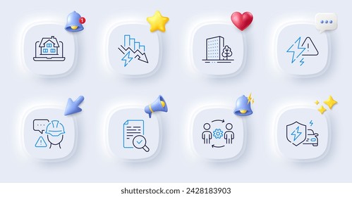 Inspect, Lightning bolt and Builder warning line icons. Buttons with 3d bell, chat speech, cursor. Pack of Buildings, Car charging, Realtor icon. Saving electricity, Engineering team pictogram. Vector