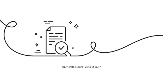 Inspeccionar el icono de la línea. Una línea continua con curl. Signo de investigación de calidad. Símbolo del documento de verificación. Inspeccione la cinta de contorno simple. Patrón de curva de bucle. Vector