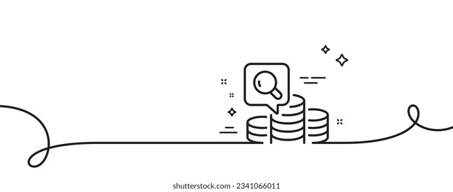 Inspeccionar el icono de la línea. Una línea continua con curl. Signo de contabilidad de presupuesto. Buscar símbolo de dinero. Inspeccione la cinta de contorno simple. Patrón de curva de bucle. Vector