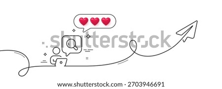 Inspect line icon. Continuous line with share plane. Online search sign. Find information symbol. Hearts rate review in speech bubble. Inspect single line ribbon. Loop curve pattern. Vector