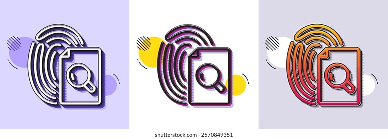 Inspect line icon. Halftone dotted pattern. Gradient icon with grain shadow. Research documents sign. Search file symbol. Line inspect icon. Various designs. Vector