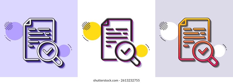 Inspect line icon. Halftone dotted pattern. Gradient icon with grain shadow. Quality research sign. Verification document symbol. Line inspect icon. Various designs. Vector
