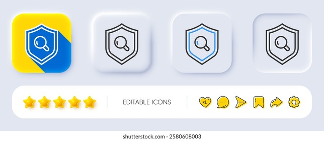 Inspect line icon. Neumorphic, Flat shadow, 3d buttons. Quality research sign. Verification shield symbol. Line inspect icon. Social media icons. Vector