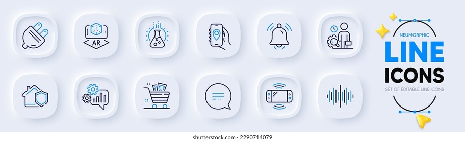 Inspect, Location app and Game console line icons for web app. Pack of Augmented reality, Chemistry lab, Text message pictogram icons. Notification bell, Cogwheel, Home insurance signs. Vector