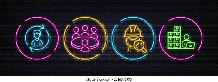 Überprüfen Sie die Symbole der minimalen Linien, Treffen und Personal. Neon Laser 3D-Lichter. Inventarsymbole. Für Web, Anwendung, Druck. Builder Review, Human Resource, Update Profile. Warenbetreiber. Vektorgrafik