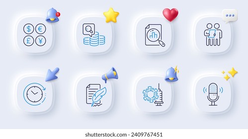 Inspect, Microphone and Time change line icons. Buttons with 3d bell, chat speech, cursor. Pack of Survey, Analytics graph, Feather signature icon. Vector