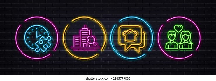 Inspect, Puzzle time and Cooking hat minimal line icons. Neon laser 3d lights. Couple love icons. For web, application, printing. Search building, Jigsaw game, Chef. People in love. Vector