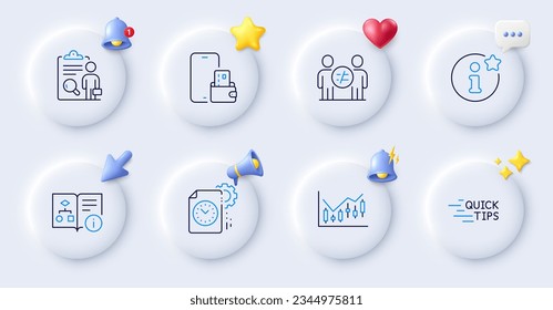 Inspect, Technical algorithm and Info line icons. Buttons with 3d bell, chat speech, cursor. Pack of Project deadline, Education, Financial diagram icon. Phone wallet, Discrimination pictogram. Vector