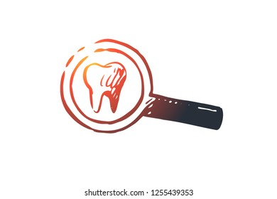 Inspect, teeth, dentist, care, clean concept. Hand drawn tooth under magnifying glass concept sketch. Isolated vector illustration.