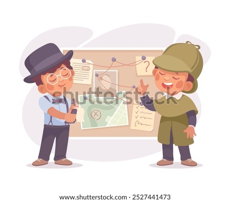Inspecting Detective Boy Character at Board Investigating Case Vector Illustration