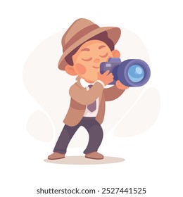 Inspecting Detective Boy Character with Camera Investigating Case Vector Illustration