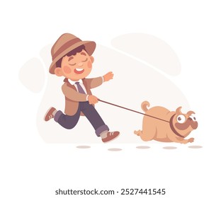 Inspeccionar el personaje del Detective Boy con el perro que investiga la Ilustración vectorial del caso