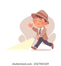 Inspecting Detective Boy Character with Flashlight Investigating Case Vector Illustration