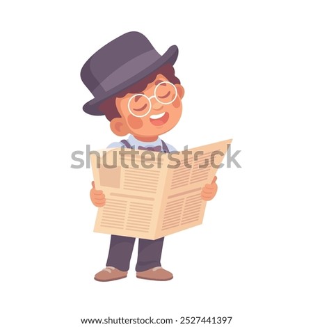 Inspecting Detective Boy Character Read Newspaper Investigating Case Vector Illustration