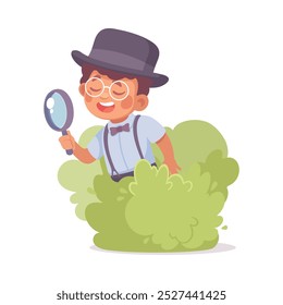 Inspecting Detective Boy Character Sit in Bush with Magnifier Investigating Case Vector Illustration