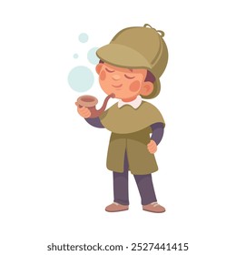 Inspecting Detective Boy Character Smoking Pipe Investigating Case Vector Illustration