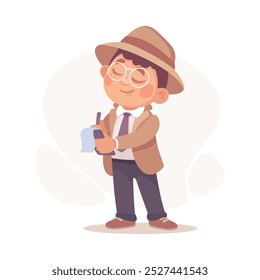 Inspecting Detective Boy Character Write Note Investigating Case Vector Illustration