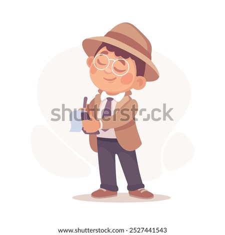 Inspecting Detective Boy Character Write Note Investigating Case Vector Illustration