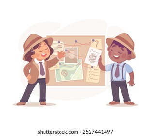 Inspecting Detective Boy and Girl Character as Board Investigating Case Vector Illustration