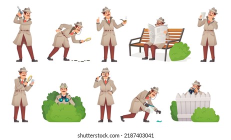 Inspecting detective character. Mystery inspector investigating case cartoon investigator serious looking inspection evidence spy surveillance vector illustration of character detective and spy
