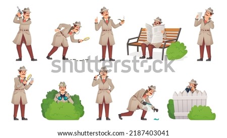 Inspecting detective character. Mystery inspector investigating case cartoon investigator serious looking inspection evidence spy surveillance vector illustration of character detective and spy Сток-фото © 