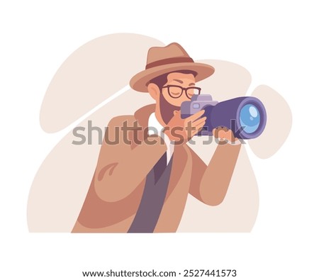 Inspecting Detective Man Character with Camera Investigating Case Vector Illustration