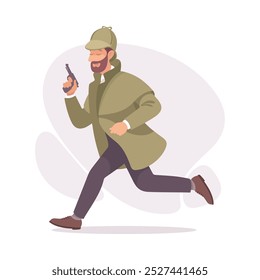 Detective que persigue al criminal con la pistola que investiga la Ilustración vectorial del caso