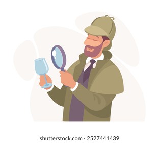 Inspecting Detective Man Character with Magnifier Investigating Case Vector Illustration