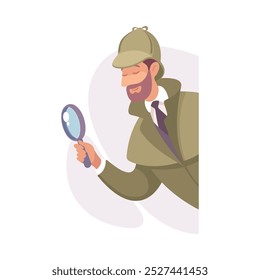 Inspecting Detective Man Character with Magnifier Investigating Case Vector Illustration