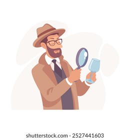 Inspecionando o personagem Detetive Man com a Lupa Investigando a Ilustração do Vetor de Caso