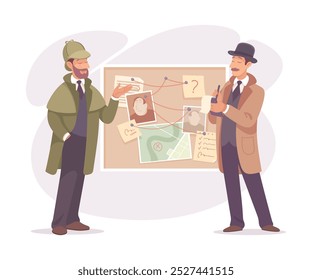 Inspeccionando el personaje del Detective Man en el Tablero de Sospechosos Investigando la Ilustración vectorial del caso