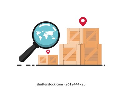 Inspecting international shipment locations using a magnifying glass with global map and cargo boxes, Vector illustration.