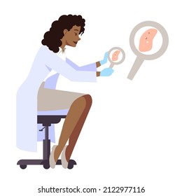 Inspecting skin for lesion semi flat RGB color vector illustration. Female doctor isolated cartoon character on white background