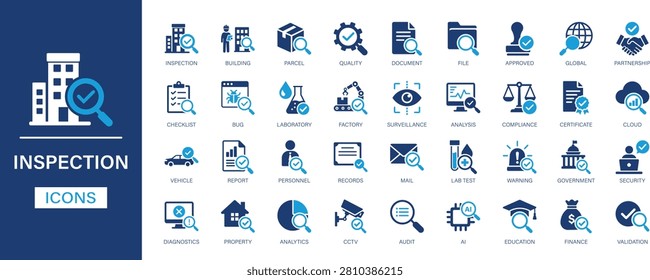 Inspection 36 Solid Icon Set. Building Inspection, Quality Control, Audit, Compliance, Verification, Testing and Monitoring Vector Icons.