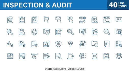 Inspection and audit linear icon collection. Containing auditor, assessment,  aspiration, inspect, analysis, compliance and more. Thin UI icon design. Editable vector illustration.