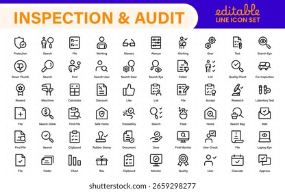 Colección de iconos de Vector de inspección y auditoría. Incluye estilos de relleno, contorno, línea delgada y trazo. Perfecto para control de calidad, conformidad, App móviles y Diseño web.