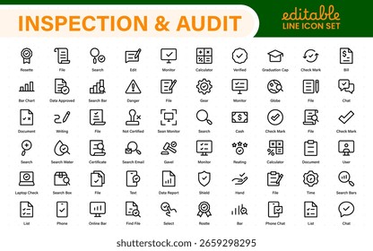 Coleção de ícones de vetor Inspeção e Auditoria. Inclui estilos de preenchimento, contorno, linha fina e traçado. Perfeito para controle de qualidade, conformidade, aplicativos móveis e design da Web.