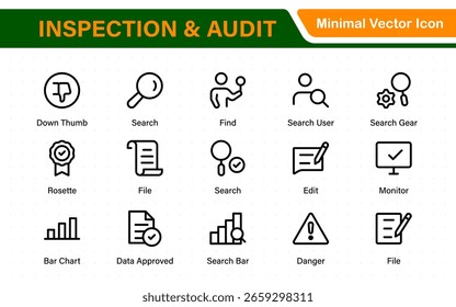 Coleção de ícones de vetor Inspeção e Auditoria. Inclui estilos de preenchimento, contorno, linha fina e traçado. Perfeito para controle de qualidade, conformidade, aplicativos móveis e design da Web.