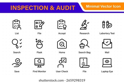 Coleção de ícones de vetor Inspeção e Auditoria. Inclui estilos de preenchimento, contorno, linha fina e traçado. Perfeito para controle de qualidade, conformidade, aplicativos móveis e design da Web.