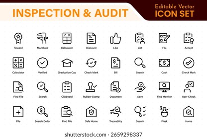 Colección de iconos de Vector de inspección y auditoría. Incluye estilos de relleno, contorno, línea delgada y trazo. Perfecto para control de calidad, conformidad, App móviles y Diseño web.