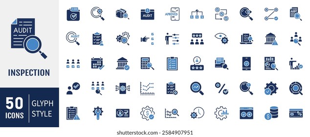 Inspection flat icons set. Containing as test, check, control, analysis and more. Vector illustration