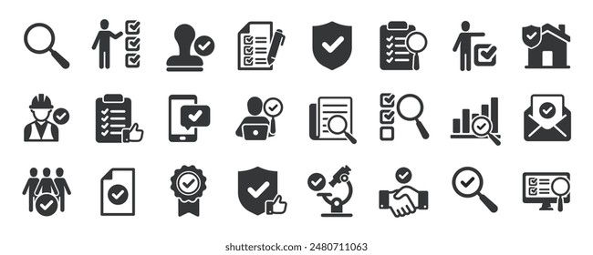 Inspection glyph solid icons collection. Containing survey, polling, review, research, analysis. For website marketing design, logo, app, template, ui, etc. Vector illustration.