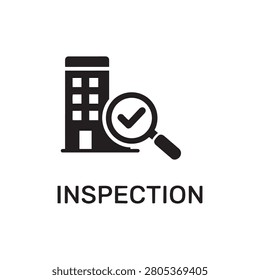 Inspection icon featuring a building and magnifying glass inspection building magnifying assessment business analysis examination monitoring compliance corporate property structure