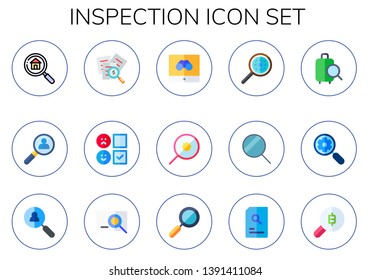 inspection icon set. 15 flat inspection icons.  Collection Of - search, review, zoom