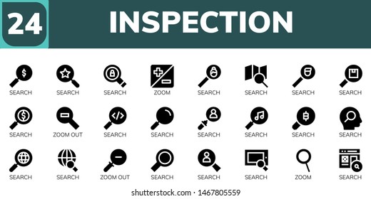 inspection icon set. 24 filled inspection icons.  Collection Of - Search, Zoom, Zoom out