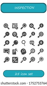 inspection icon set. 25 filled inspection icons.  Simple modern icons such as: Search, Zoom, Zoom out